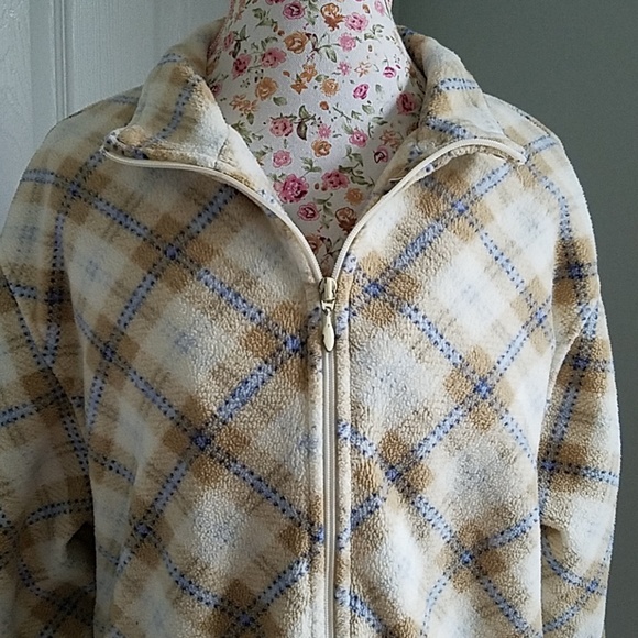 PACER 1X Sweatshirt Zip Up Fleece Women Tan, Blue & Cream Window Pane Plaid - Picture 4 of 11
